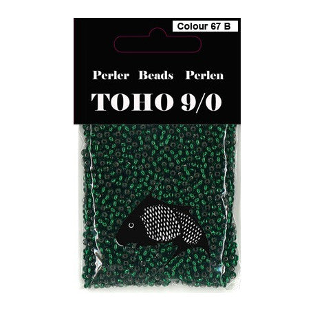 TOHO perler 9/0 farve nr. 67B sølv i midten med grøn farve uden om. 40g UDSOLGT